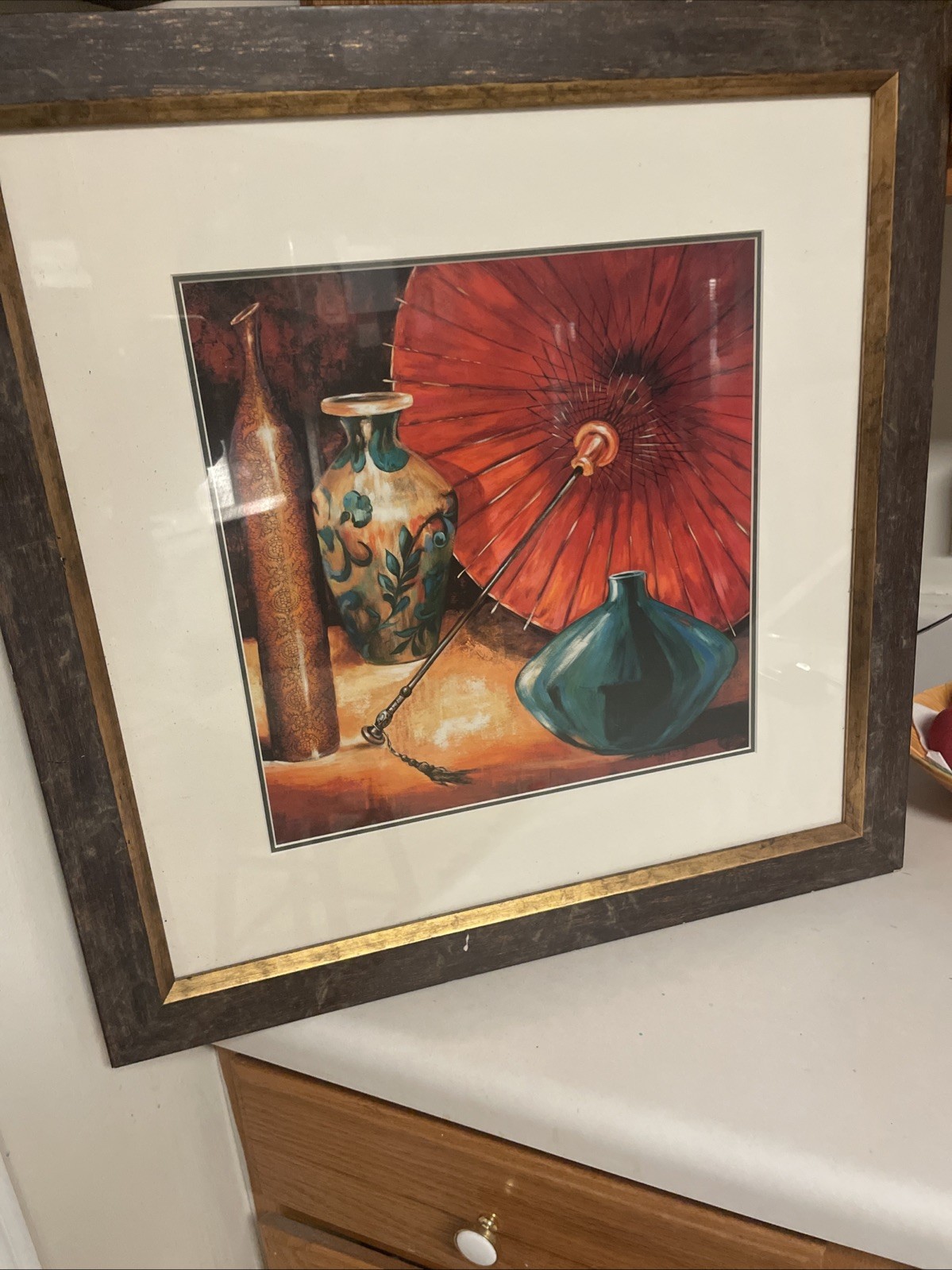 Zen Contemporary Art Print- Vases & Umbrella-Asian Realism. Framed 22.25” X22.2