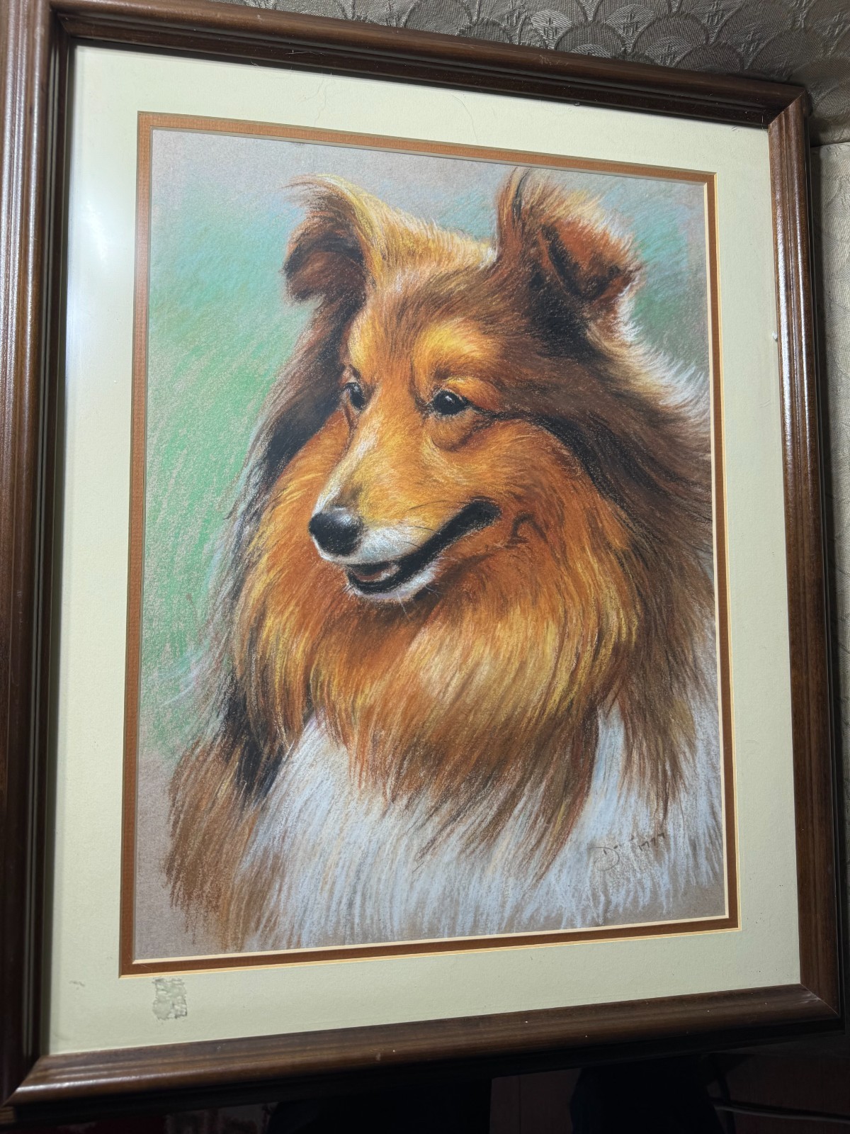 David 1977 «Portrait Of The Collie Dog» Mixed Media Painting – Signed/Framed