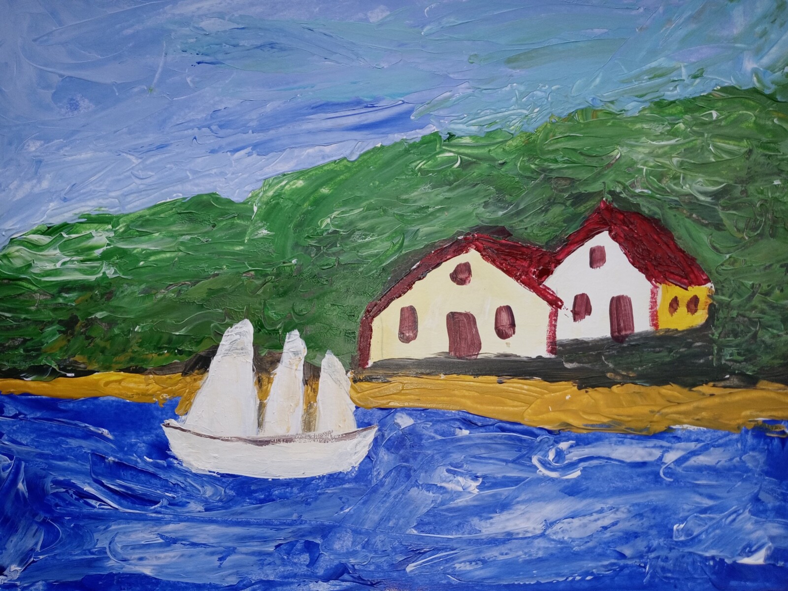 Impressionistic 11×14 Seaside home Colorful Hand Made Acrylic Art Painting