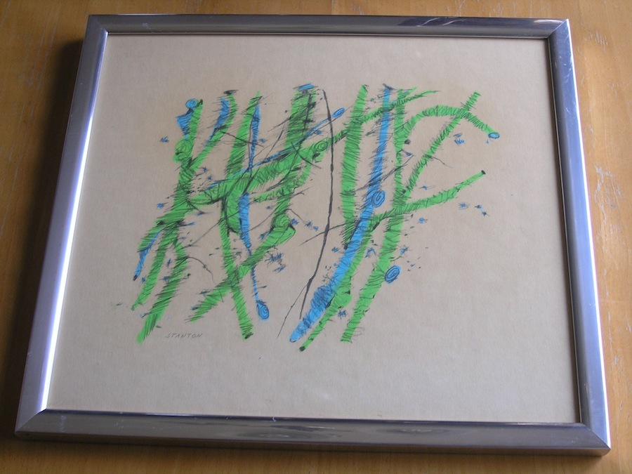Abstract Oil & Pencil Painting on Paper Tree Trunks Signed Stanton 13×15″ Framed