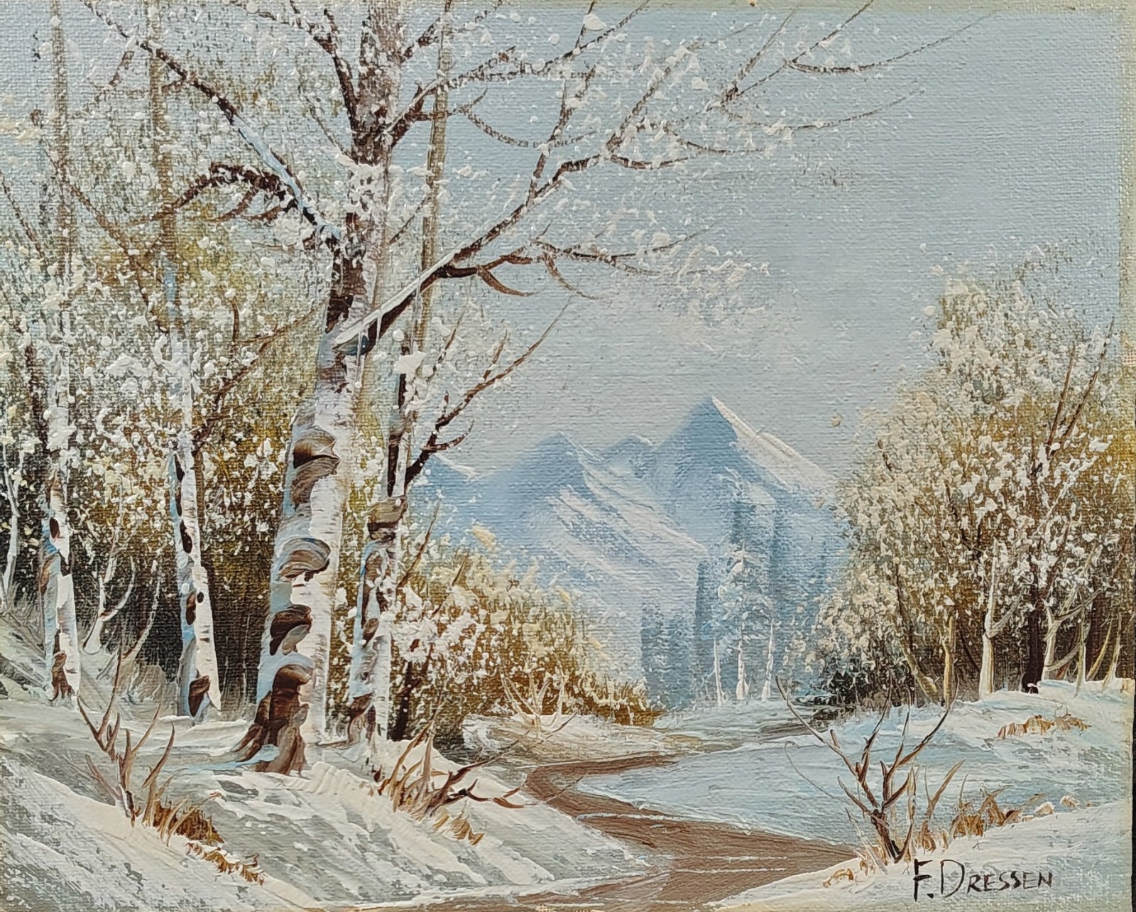 F. Dressen Original Signed Oil Painting Vintage Winter Landscape Listed Artist