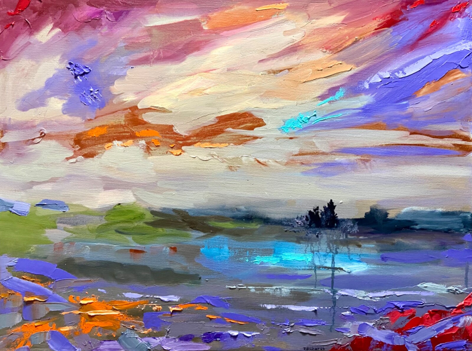 Original art oil painting Seascape artwork Lake river sky impasto forest 18×24″