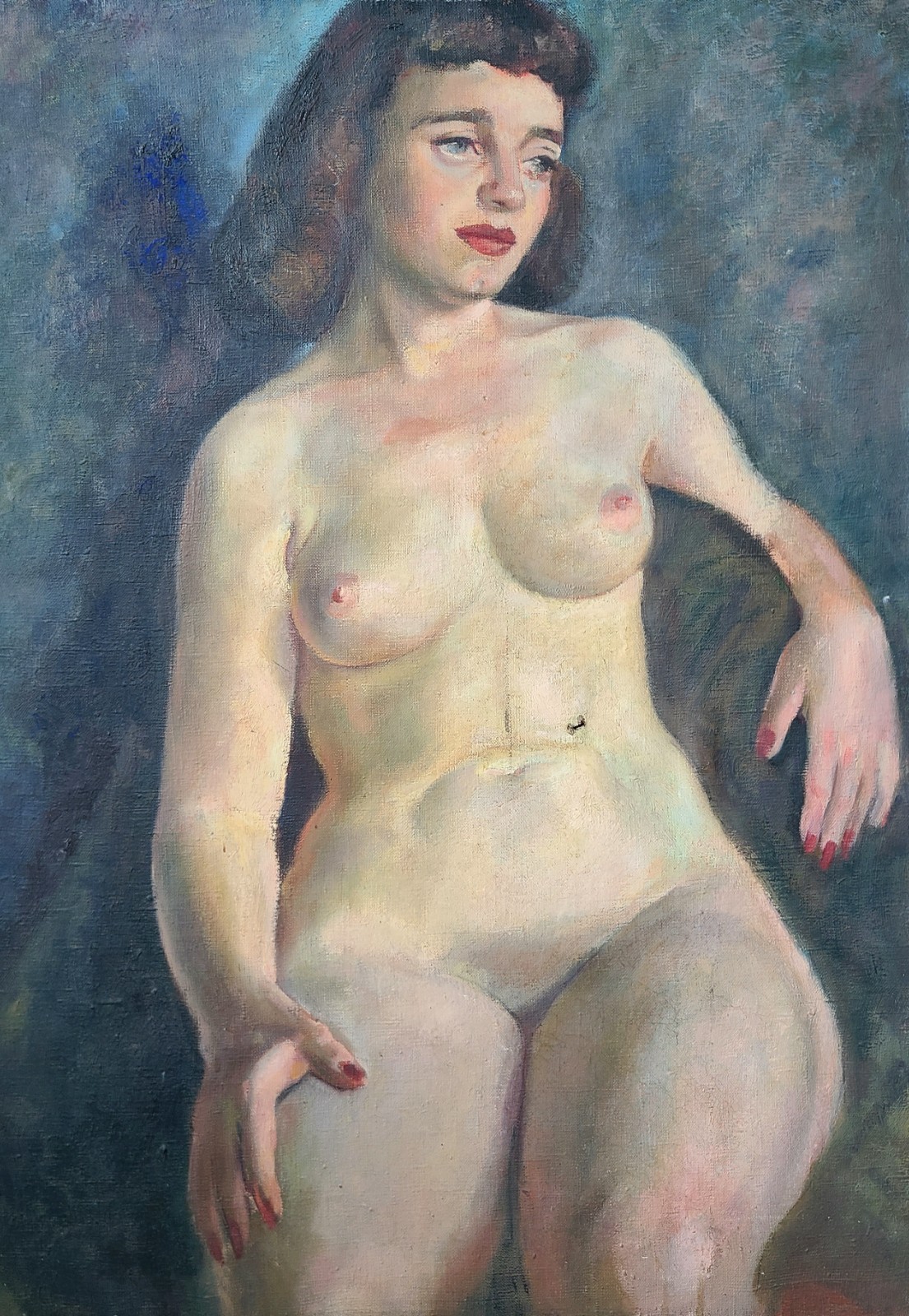 Moody Vintage 1950’s Oil Painting Nude Portrait of a Bettie Page Esque Woman