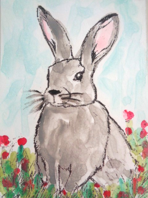ACEO Bunny RABBIT IN THE GARDEN Painting Art
