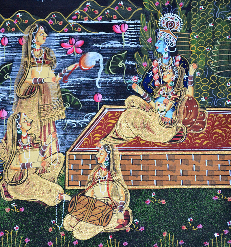 Radha Krishna Miniature Original Painting on Silk Cloth India Natural Colors!