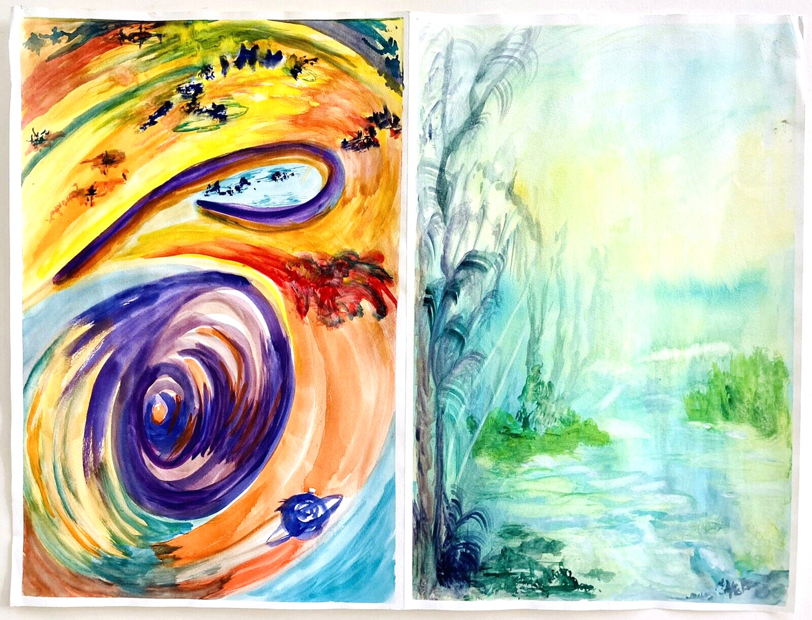 2 Visionary Psychedelic Watercolors Diptych Cosmic Forest 80s 90s SF Art 18×24″