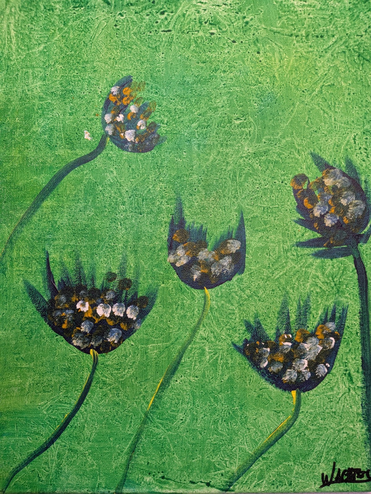 Flowers Painting 11×14 Green Abstract Expressionist Original Canvas Wachtel