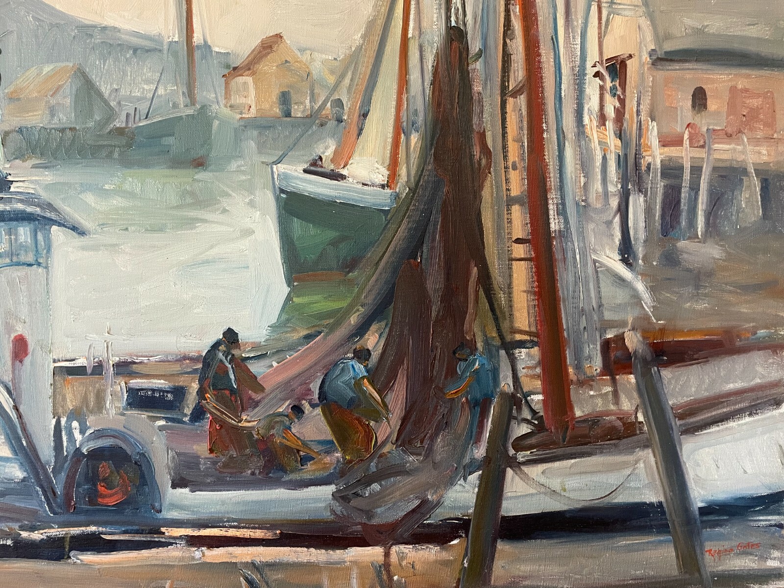 Regina Gates Signed Mid Century Modern Painting «At Work on the Nets» 32″ x 26″
