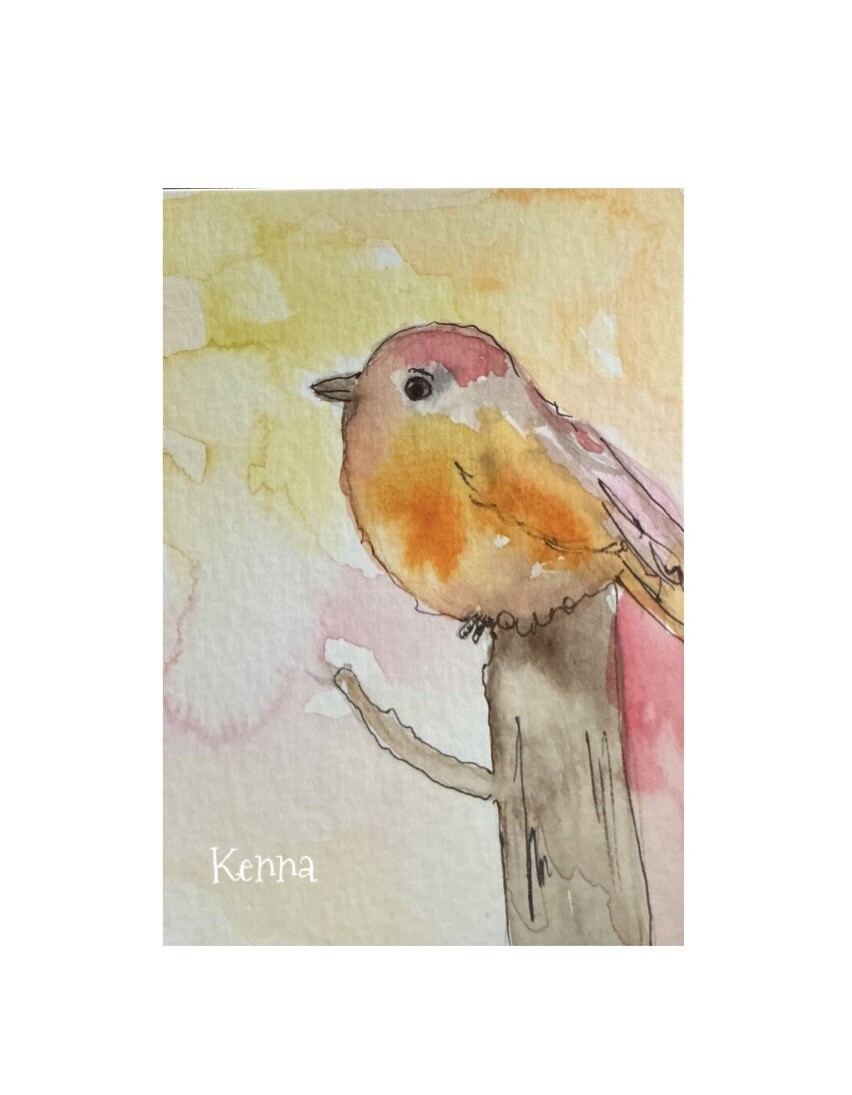 Aceo By Kenna Original Painting Little Wren Bird 2.5” X 3.5” Signed