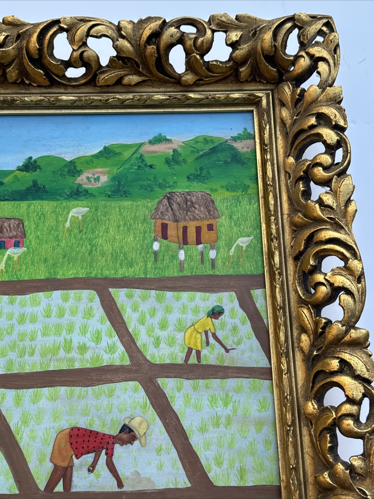 VINTAGE FOLK ART PAINTING FARM FARMING HAITI HAITIAN NAIVE WILNER CROPS PEOPLE