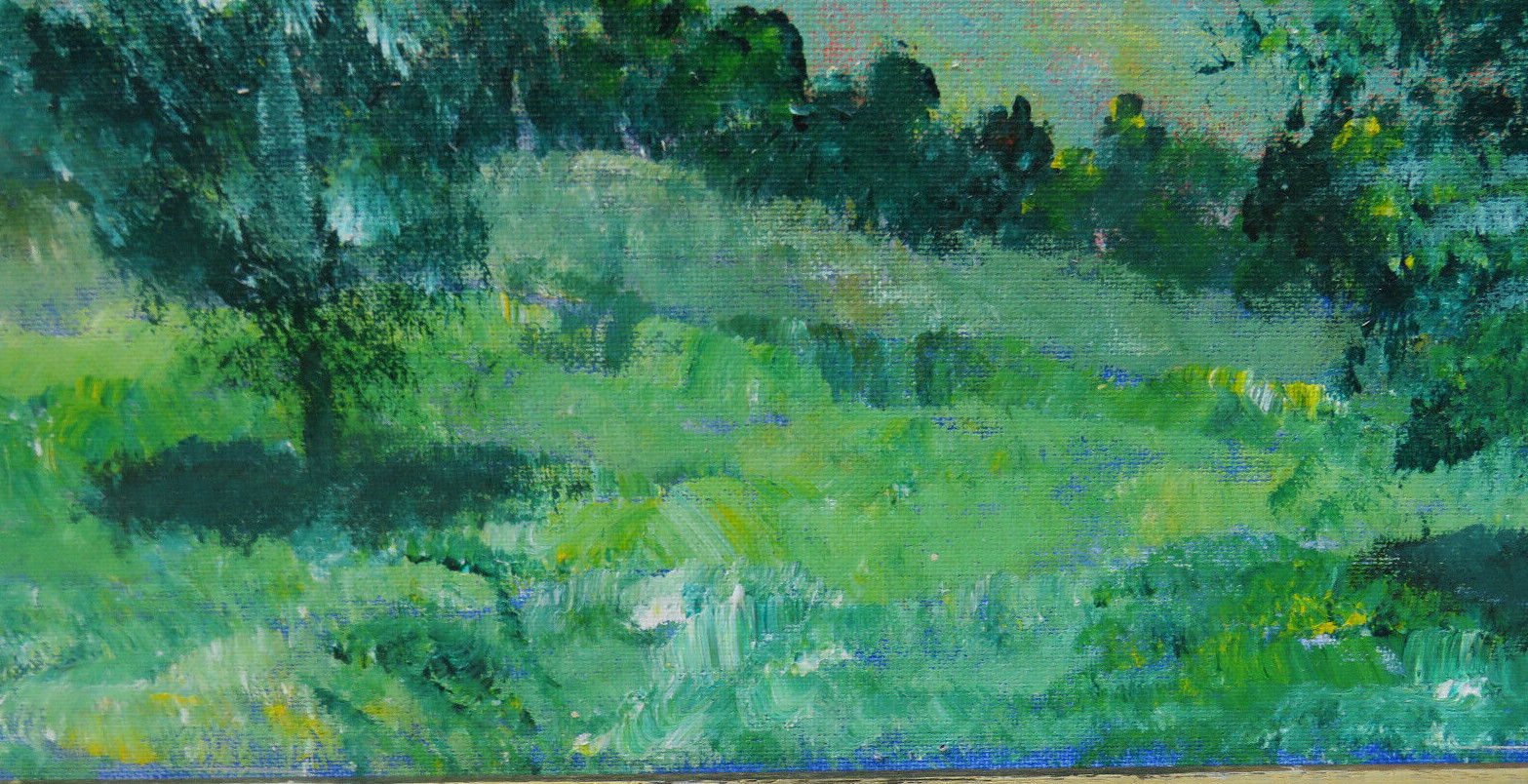 NICE FRAMED OIL ON BOARD LANDSCAPE IN SHADES OF GREEN AND BLUE