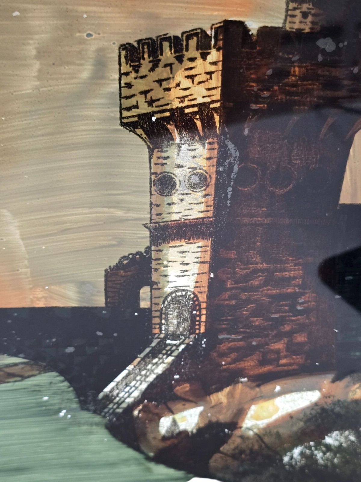 Vintage Castle Tower Reverse Oil Painting on Glass in Wood Frame