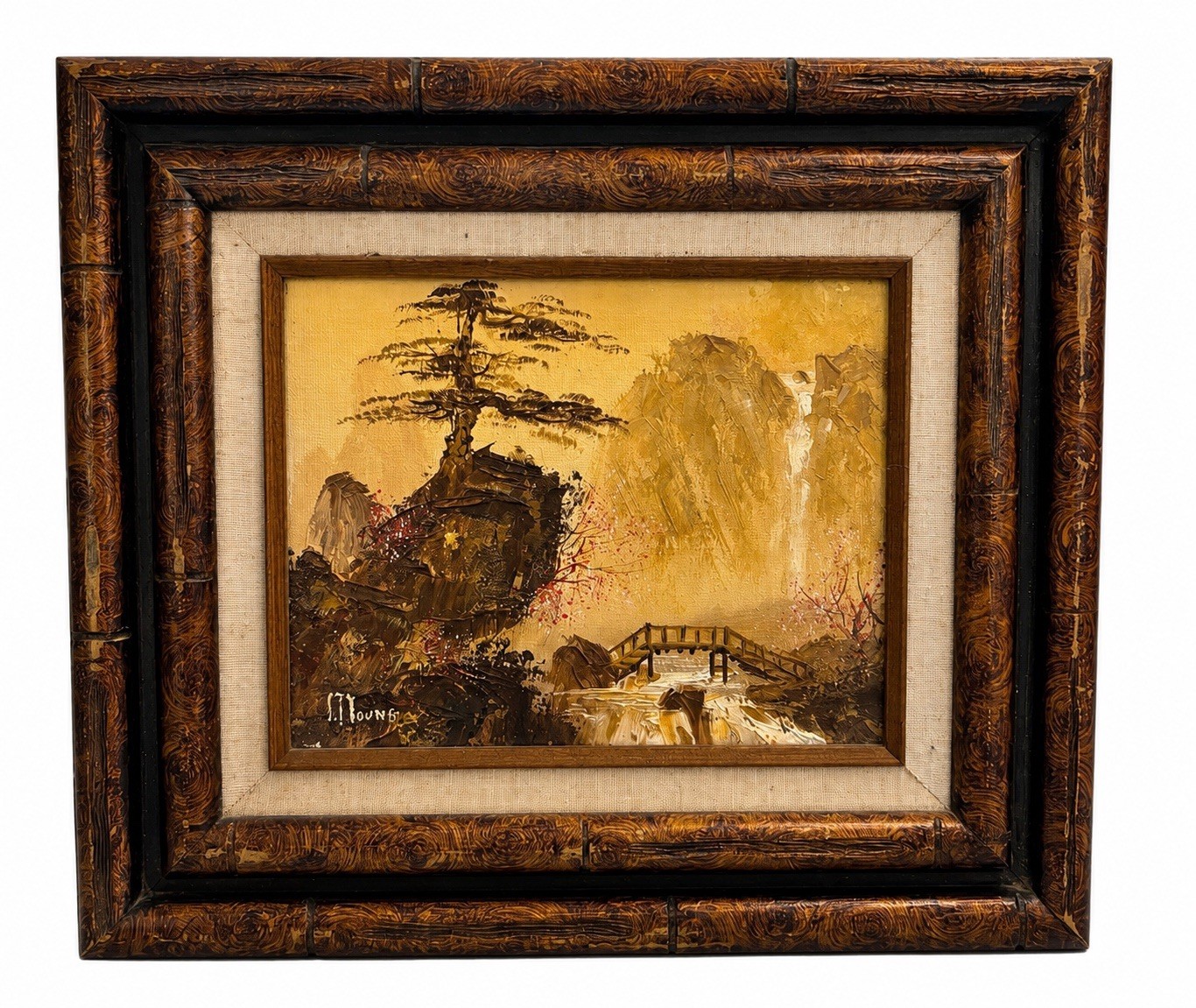 Vtg Original Oil Painting Asian Landscape Signed M Young Ornate Wood Frame