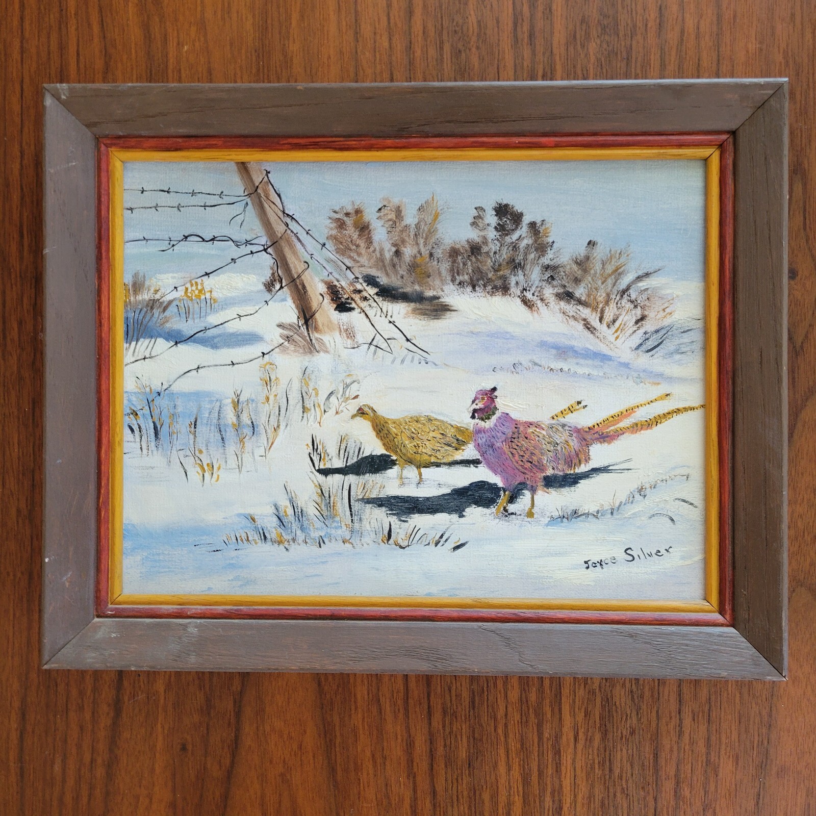 Vintage Folk Art Painting Winter Pheasant In Barbed Wire Field 14×12