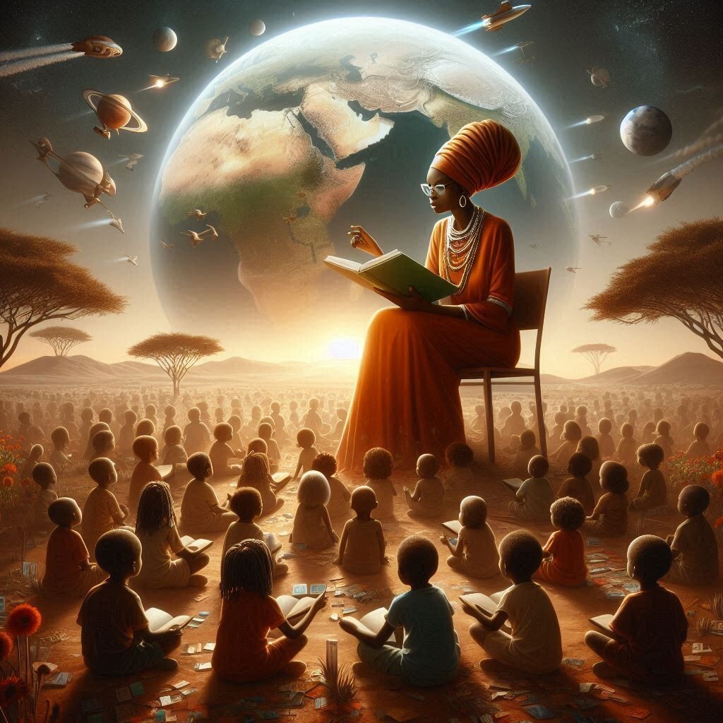 This captivating image features a brown African woman reading to a group of 300,