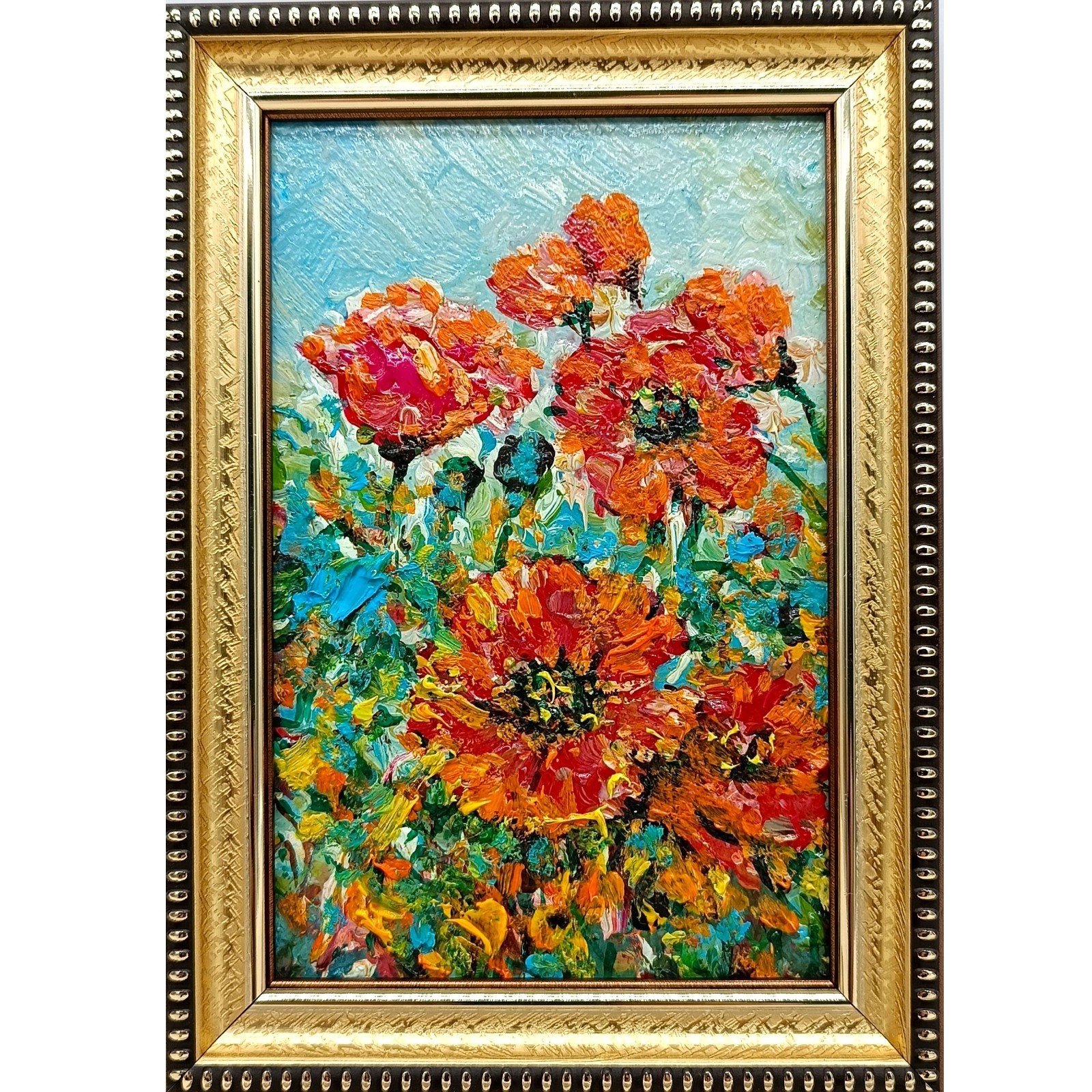 Original Oil Painting Summer Landscape Wildflowers Red Poppies Signed 4×6