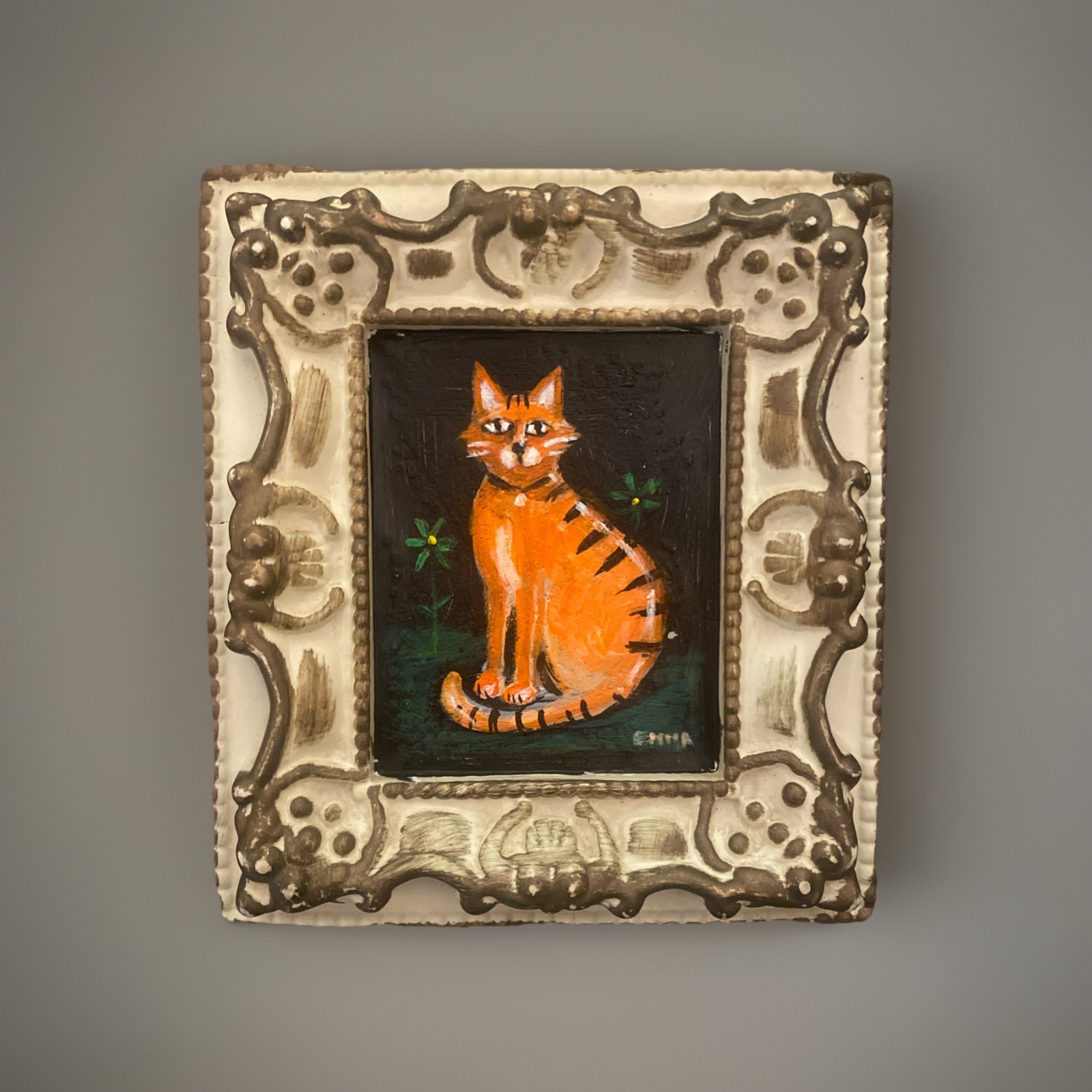 Vintage Small Orange Cat Painting Ginger Kitten 6” X 6” Original Free Ship!