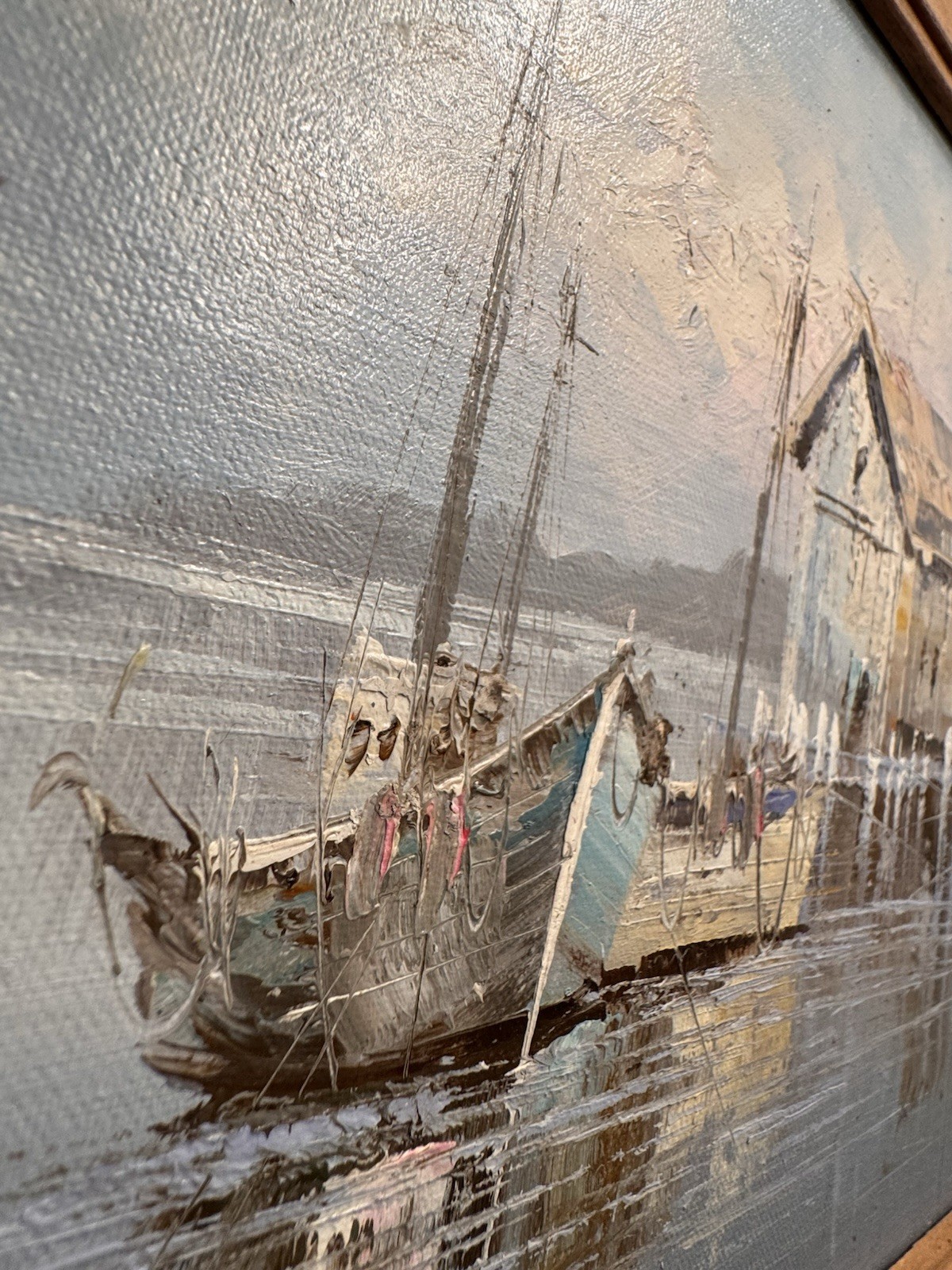 Signed LUNI Original Nautical Boats in Harbor Oil on WOOD Board Framed 12”x10.5”