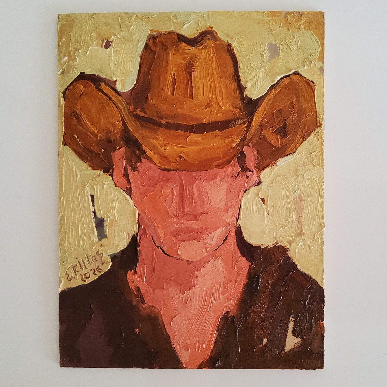 Cowboys Portrait Painting Western Original Oil Art Abstract Modern Small Artwork