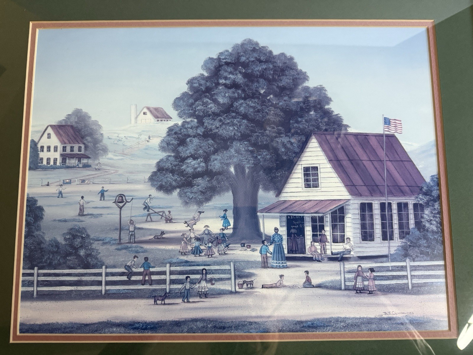 School Children Playing Outside B.J. Cummings, Folk Art 1987 Matted & Framed