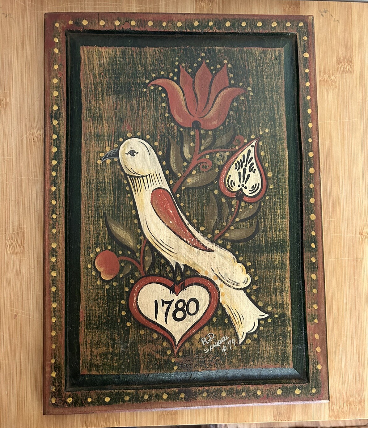 Vintage Primitive Hand Painted Art On Wood Signed E. Caudill 1979 Numbered 16×11