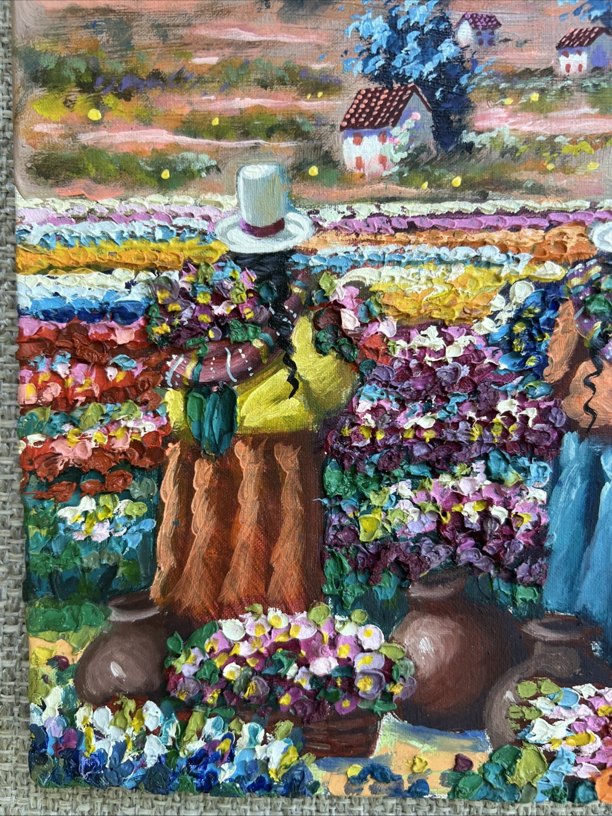 Original Peruvian Oil On Canvas Painting Indigenous Women Flowers Signed Cadillo