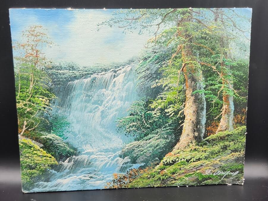 R. Danford Oil Painting Original on Canvas Trees Mountain Waterfall 8×10 Signed