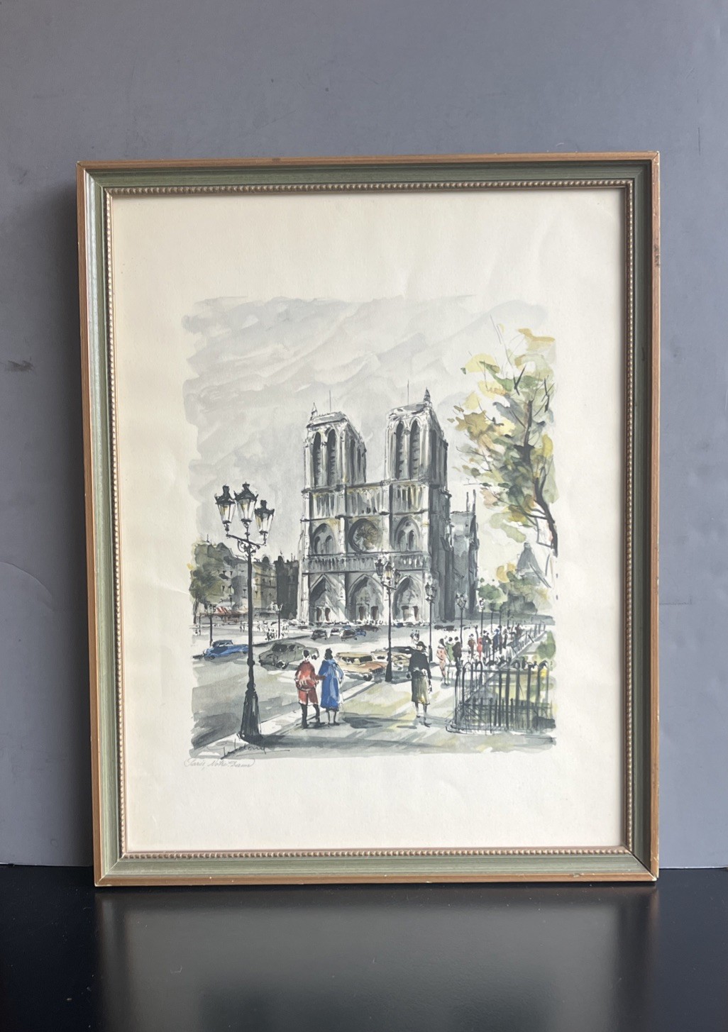 G. Lelong Original Paris Watercolor Notre Dame Cathedral Street Scene Framed
