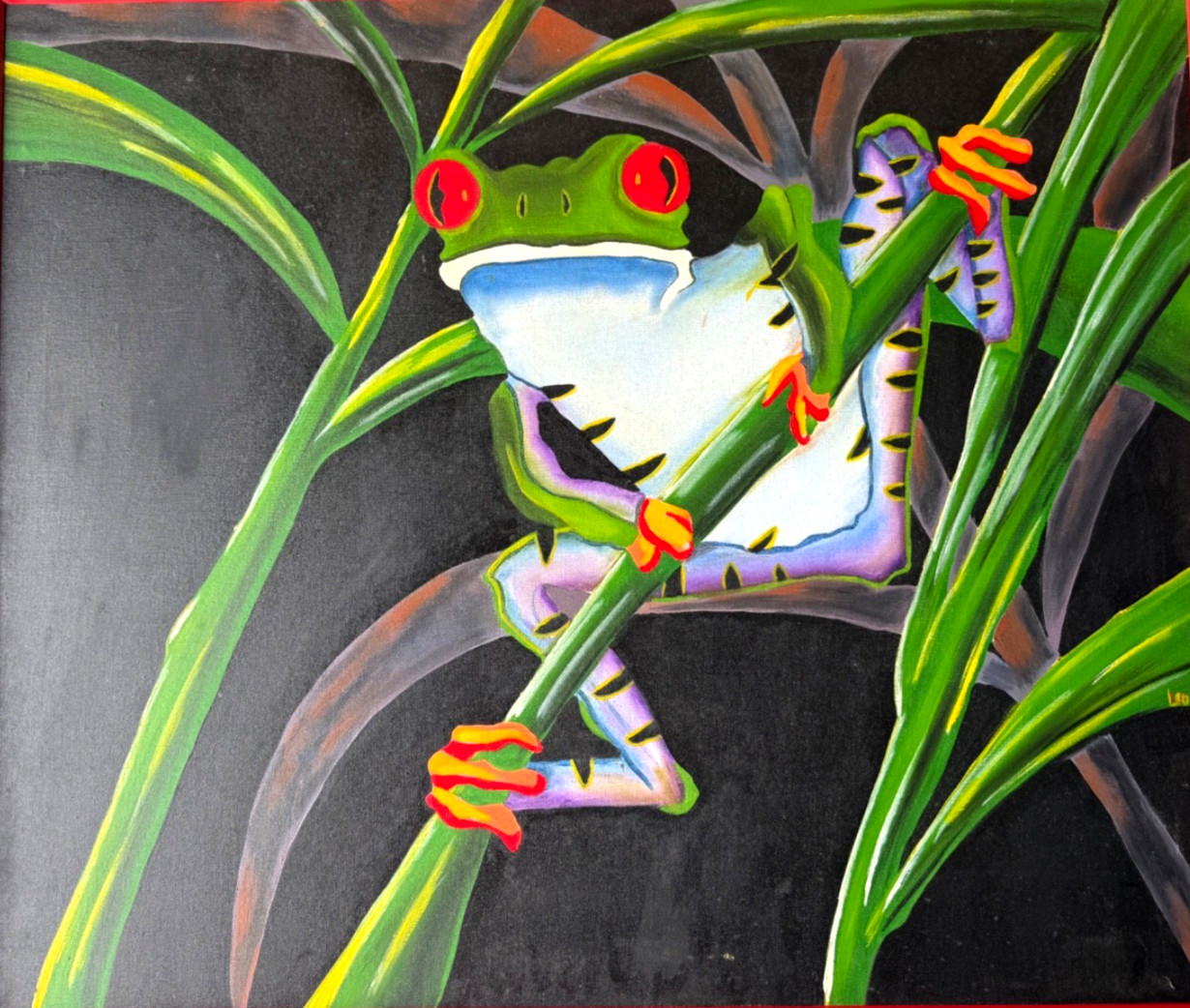 Large Colorful Tropical Frog Acrylic Painting 32×38 Framed Leo
