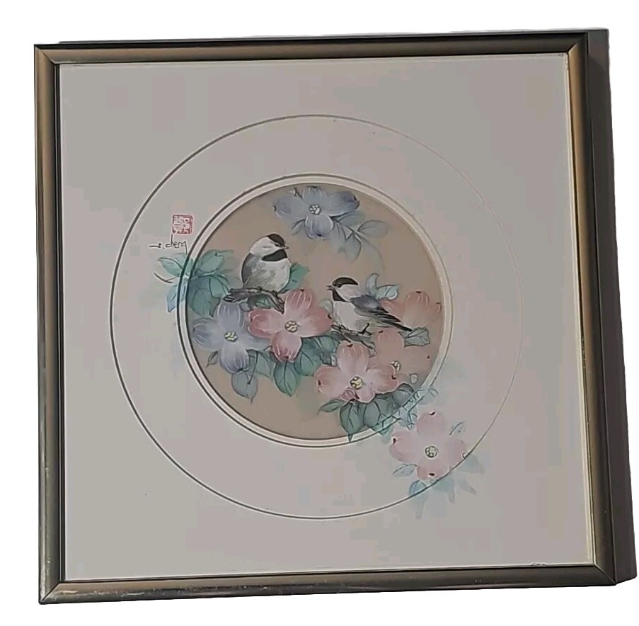 VINTAGE J CHENG BIRDS FLOWERS PAINTING FRAMED AND SIGNED ART