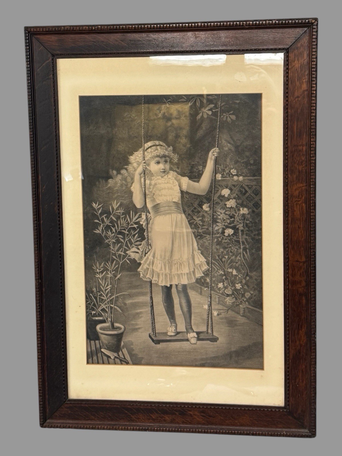 Vintage Antique Victorian Era Oak Framed Litho Print Girl on a Swing 32″ x 22″