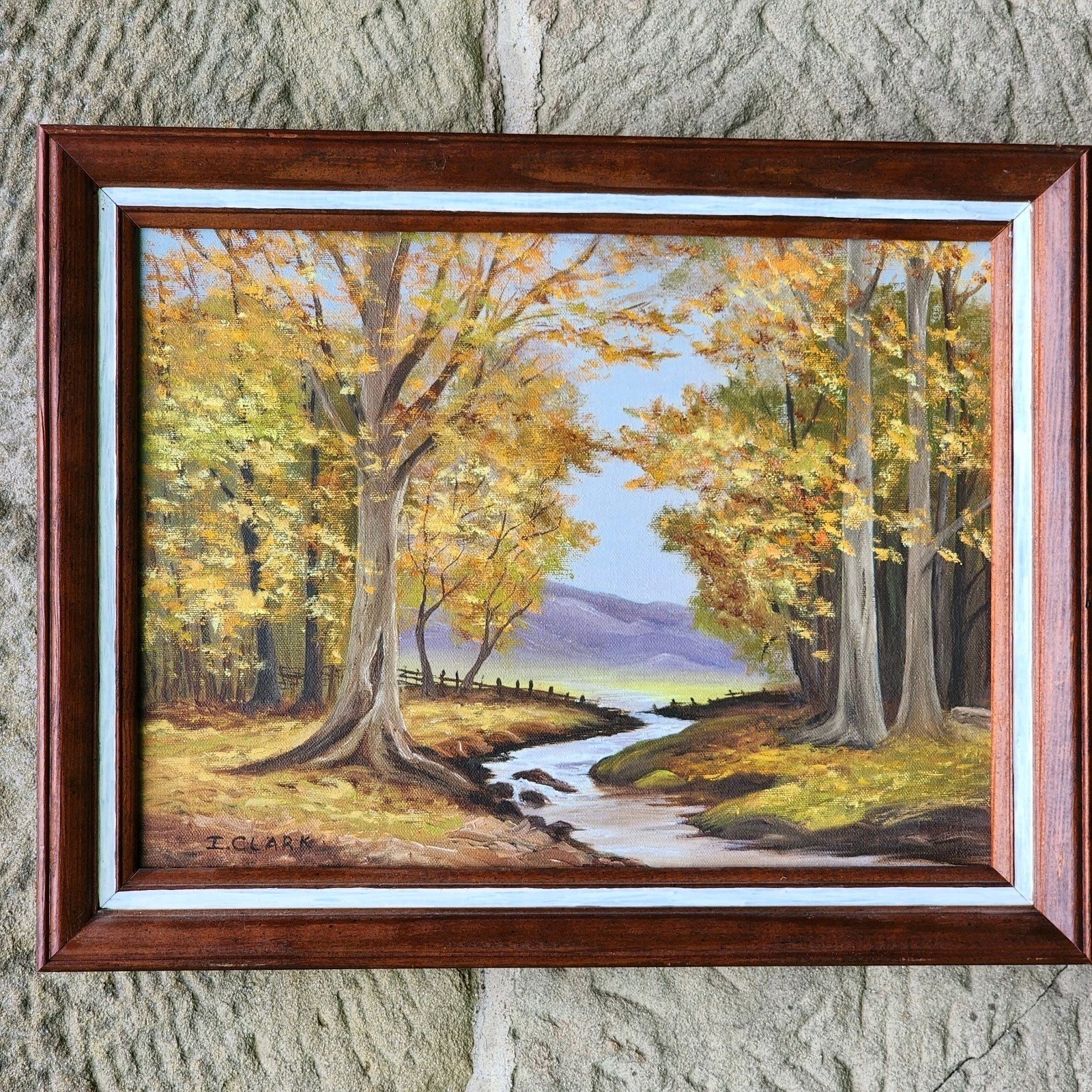 Vtg Acrylic on Canvas Painting Landscape Framed Artist Signed Trees Water Creek