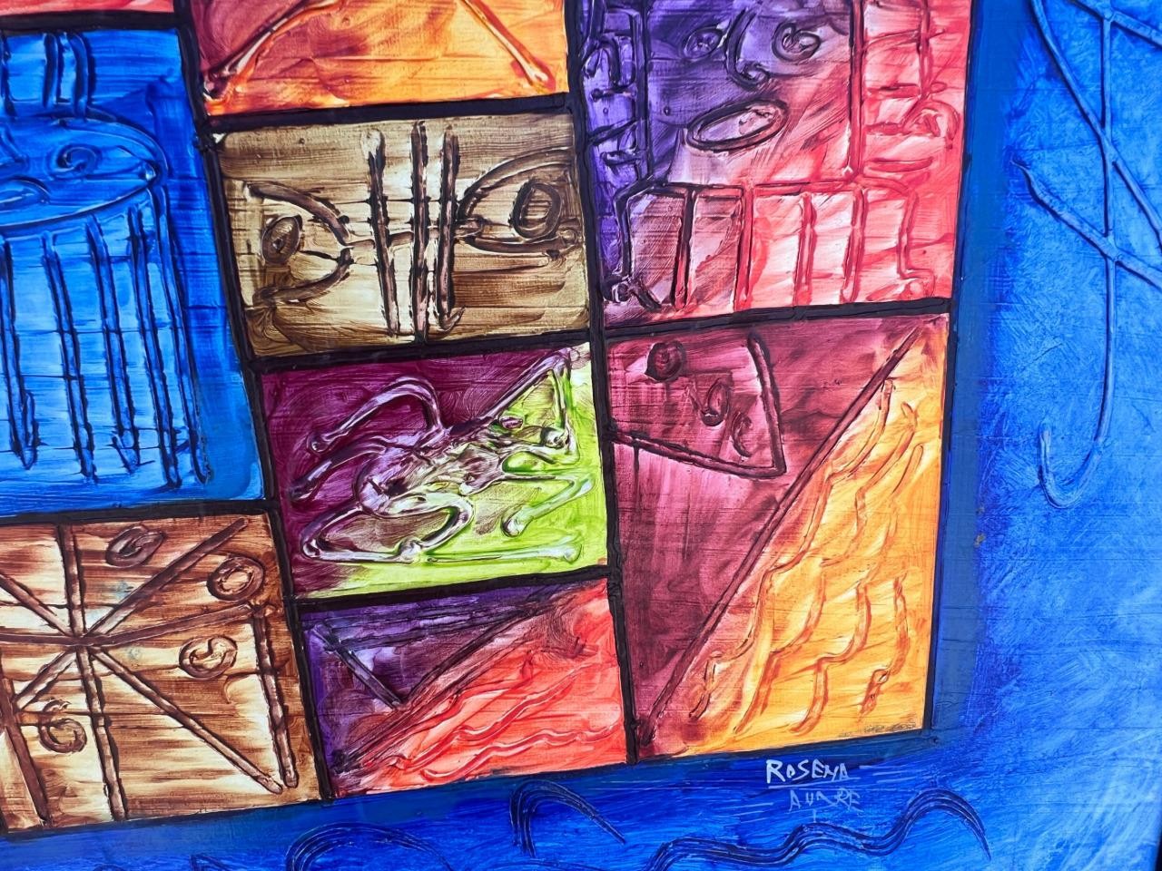 Original Coloful Mosaic Mixed Media Art Acrylic or Oil Painting Signed Rosena