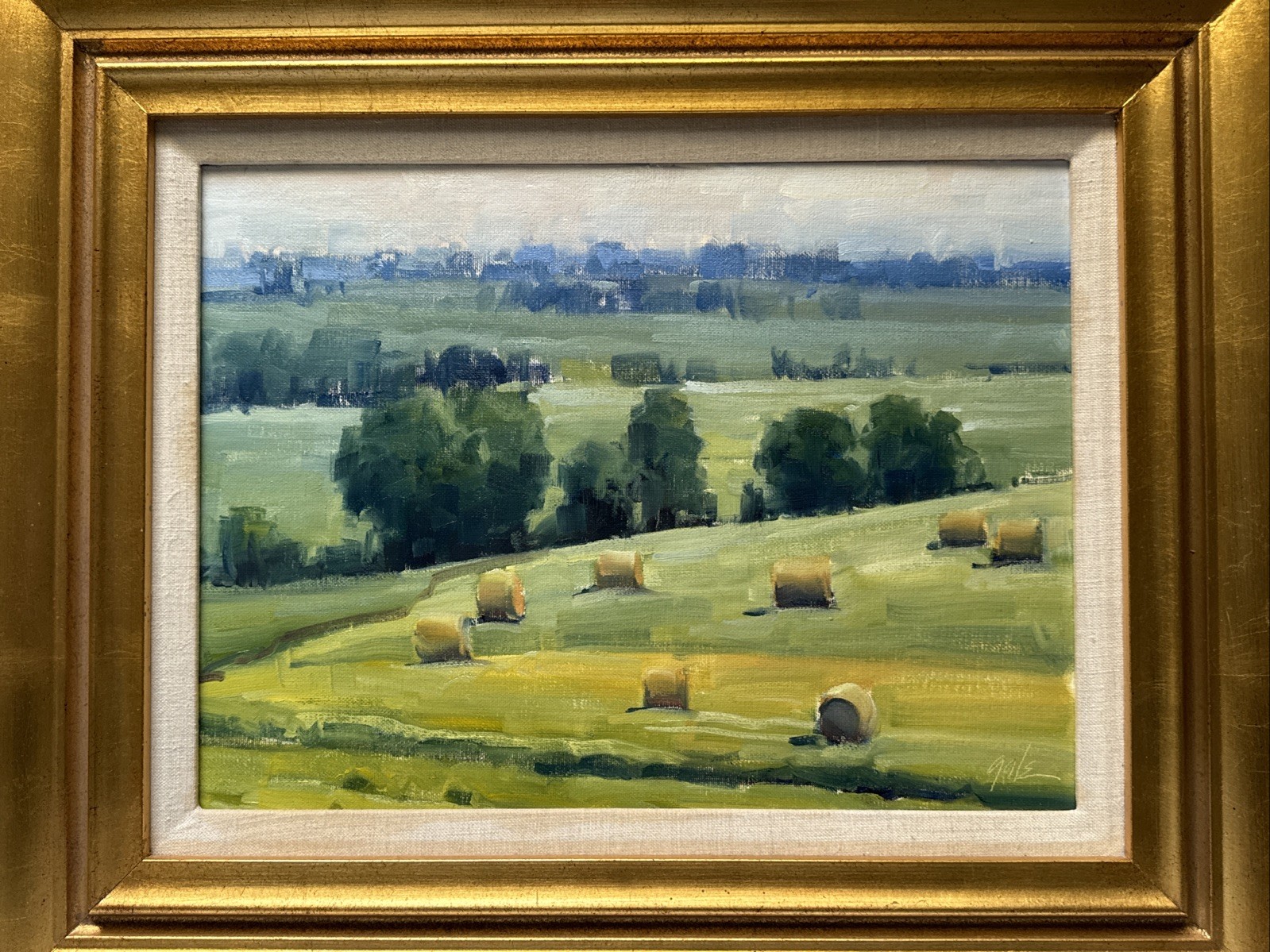 MARK GALE PAINTING IMPRESSIONIST FARM LAND HAY BAILS LANDSCAPE FAMOUS LISTED 16″