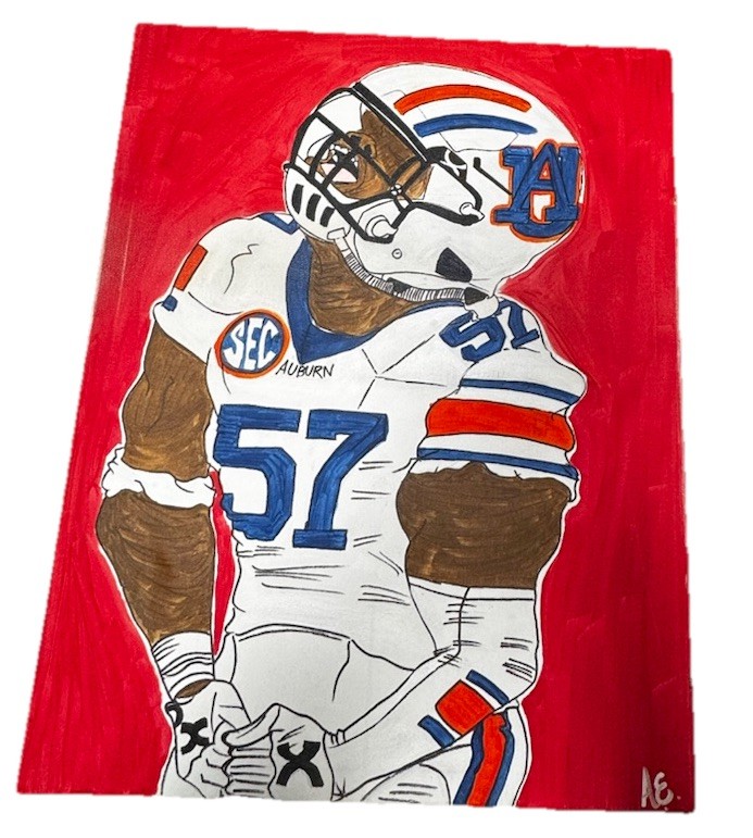Hand Drawn Auburn Tigers Football Player Canvas Painting, Details In Pics 24”x30