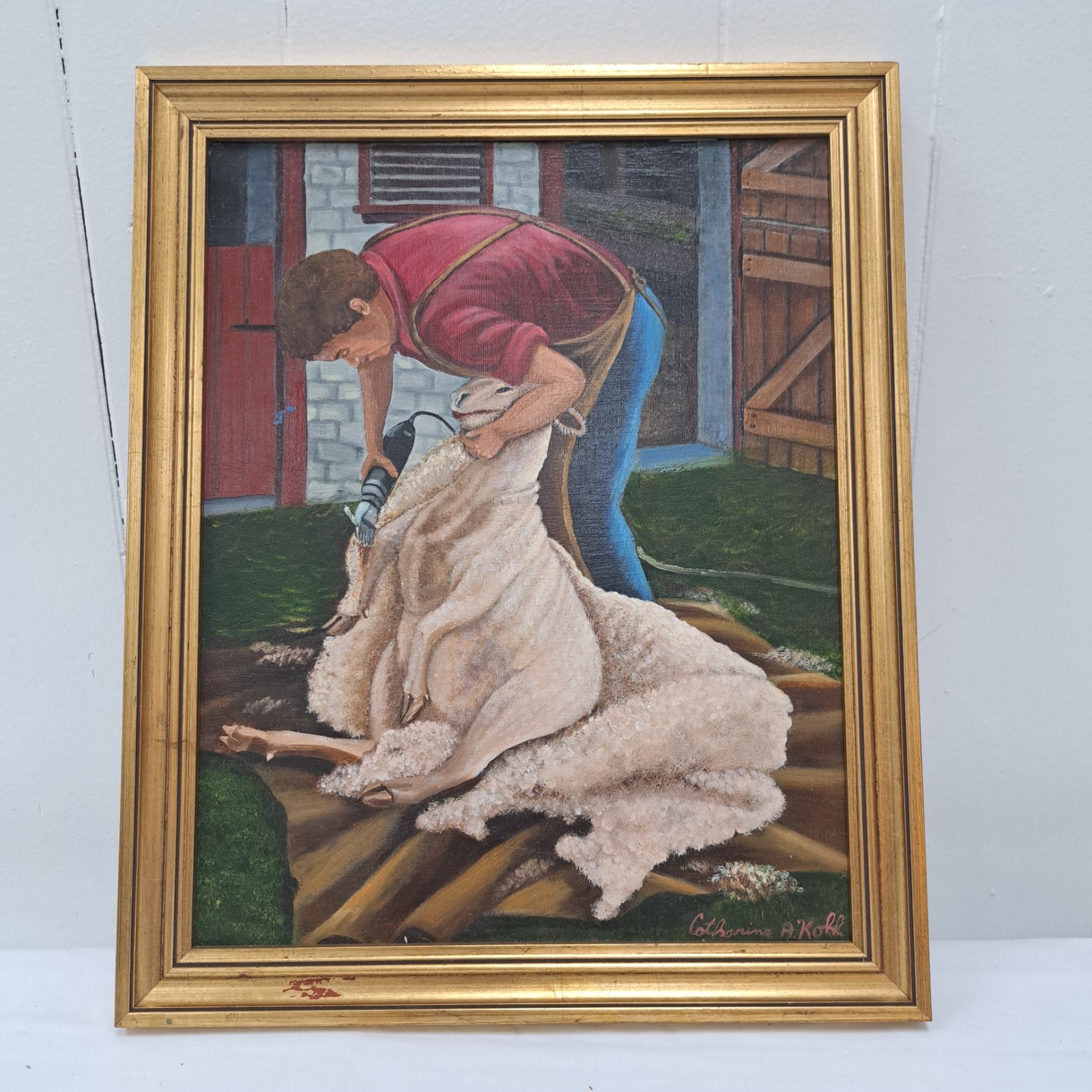 Catharine A Kohl Oil Painting On Wood Fleetwood Pa Artist, Sheep Shearing