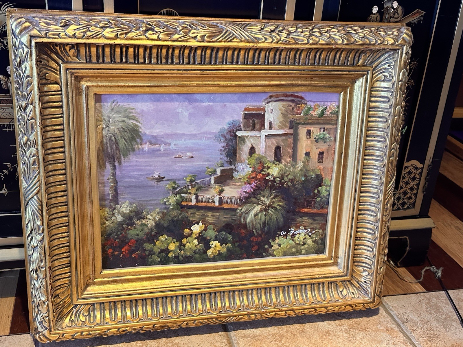 MEDITERRANEAN SEACAPE OIL PAINTING ART SIGNED GOLD WOOD FRAME 24″ * 20″ EUC