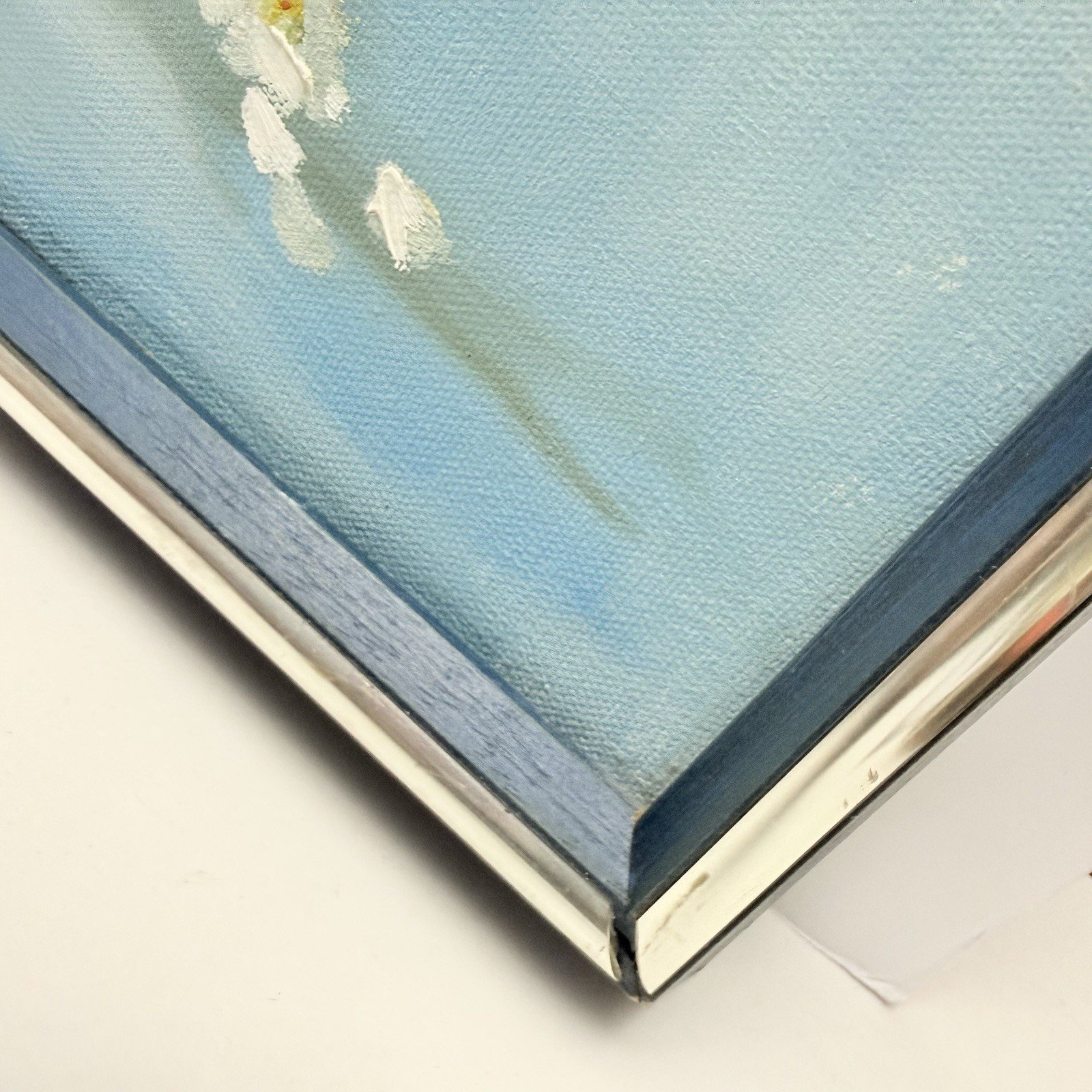 Vintage Original Signed Still Life Flowers in Vase Painting 16×20 Blue Framed