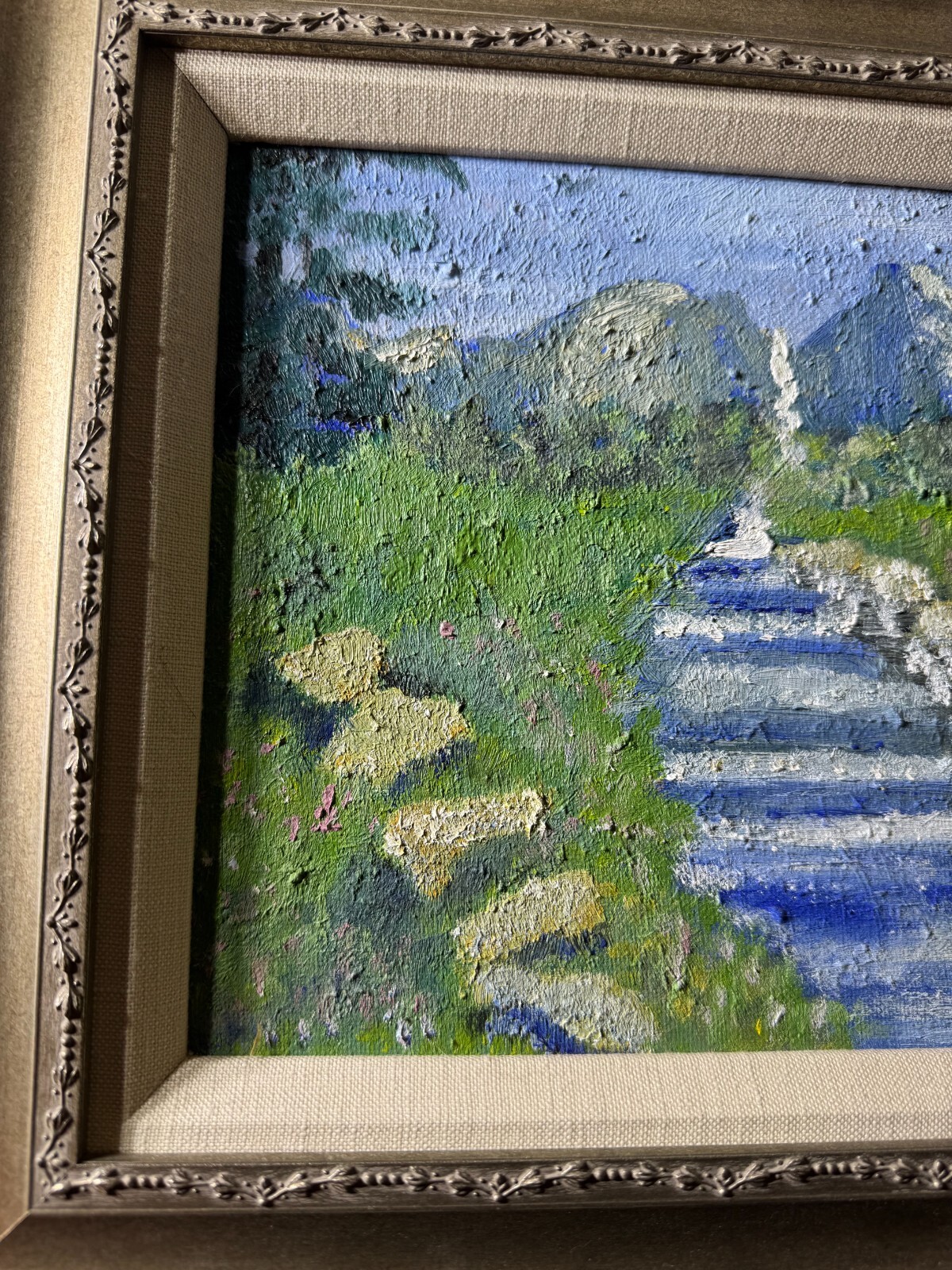 «Cascading River And Landscape Scene» Oil On Board Painting – Framed