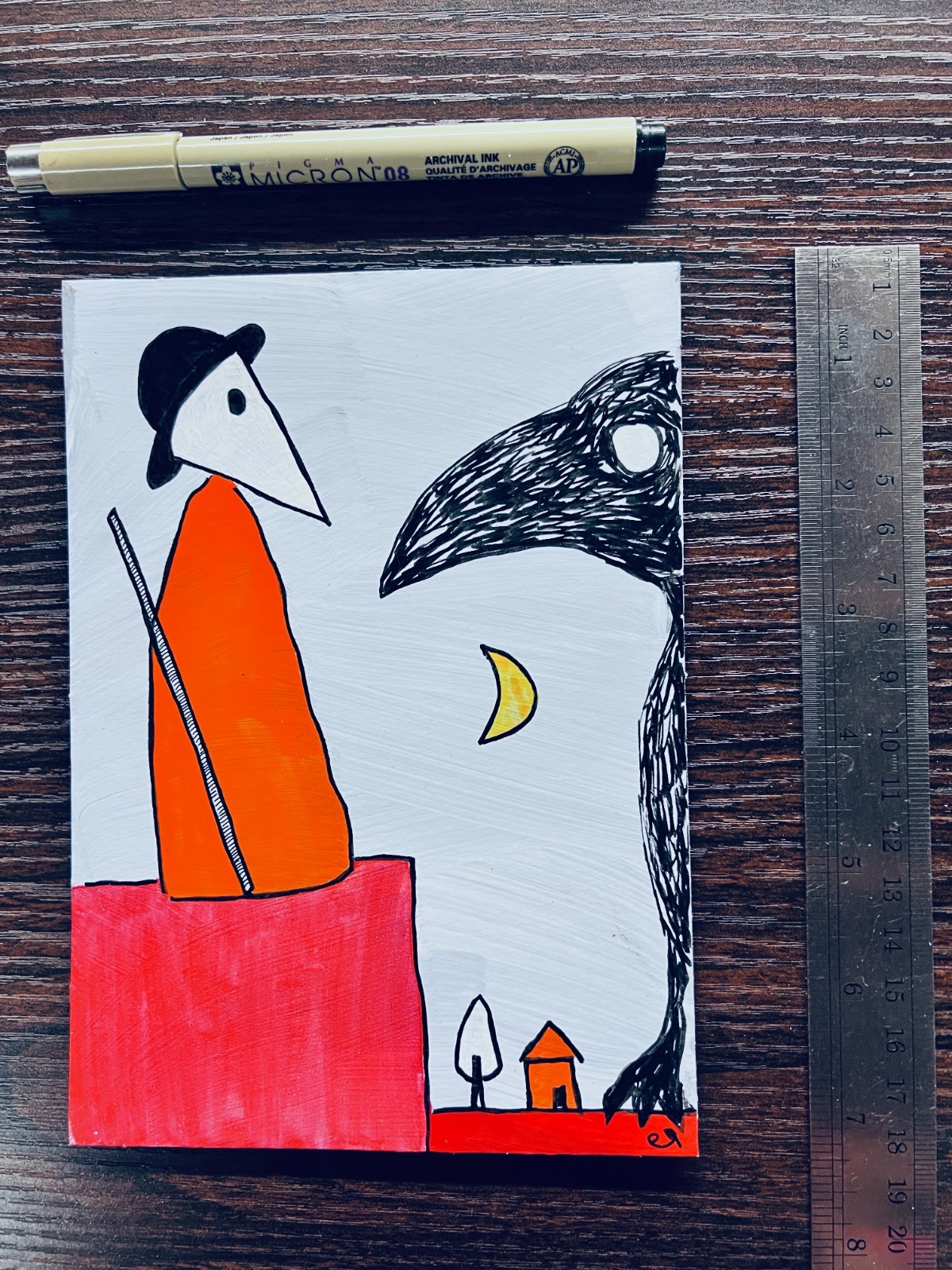 e9Art 5×7 ‘interrogation’ outsider folk art brut naive fantasy crow surreal