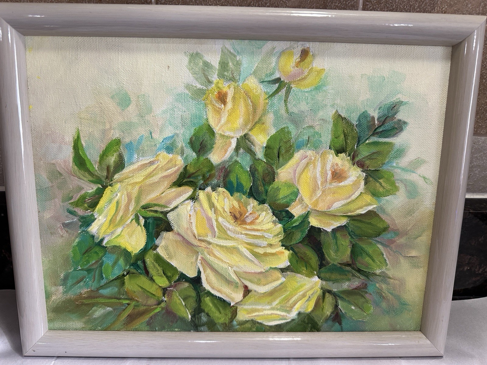 Hand Signed Painted Oil On Canvas 13.5×10 Yellow Roses