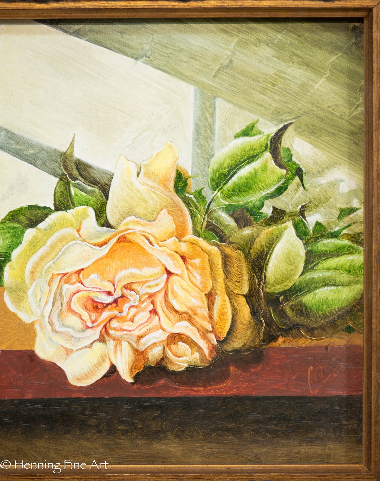 Stunning Oil Painting of Yellow Rose in Window Illegibly Signed, Fine! 16×18″