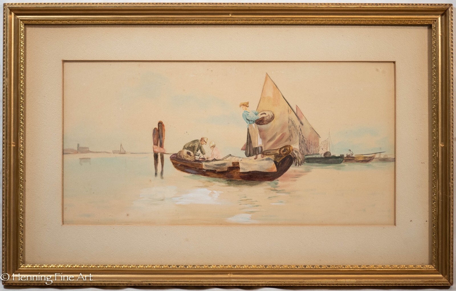 Antique Watercolor Painting of Italian Venetian Landscape Fishing Boat & Figures