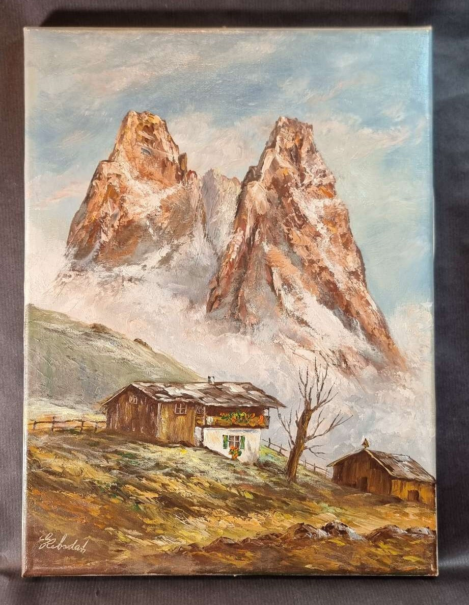 OIL PAINTING SIGNED MOUNTAIN LANDSCAPE MOUNTAINS HUT measures approx 40 x 30 cm
