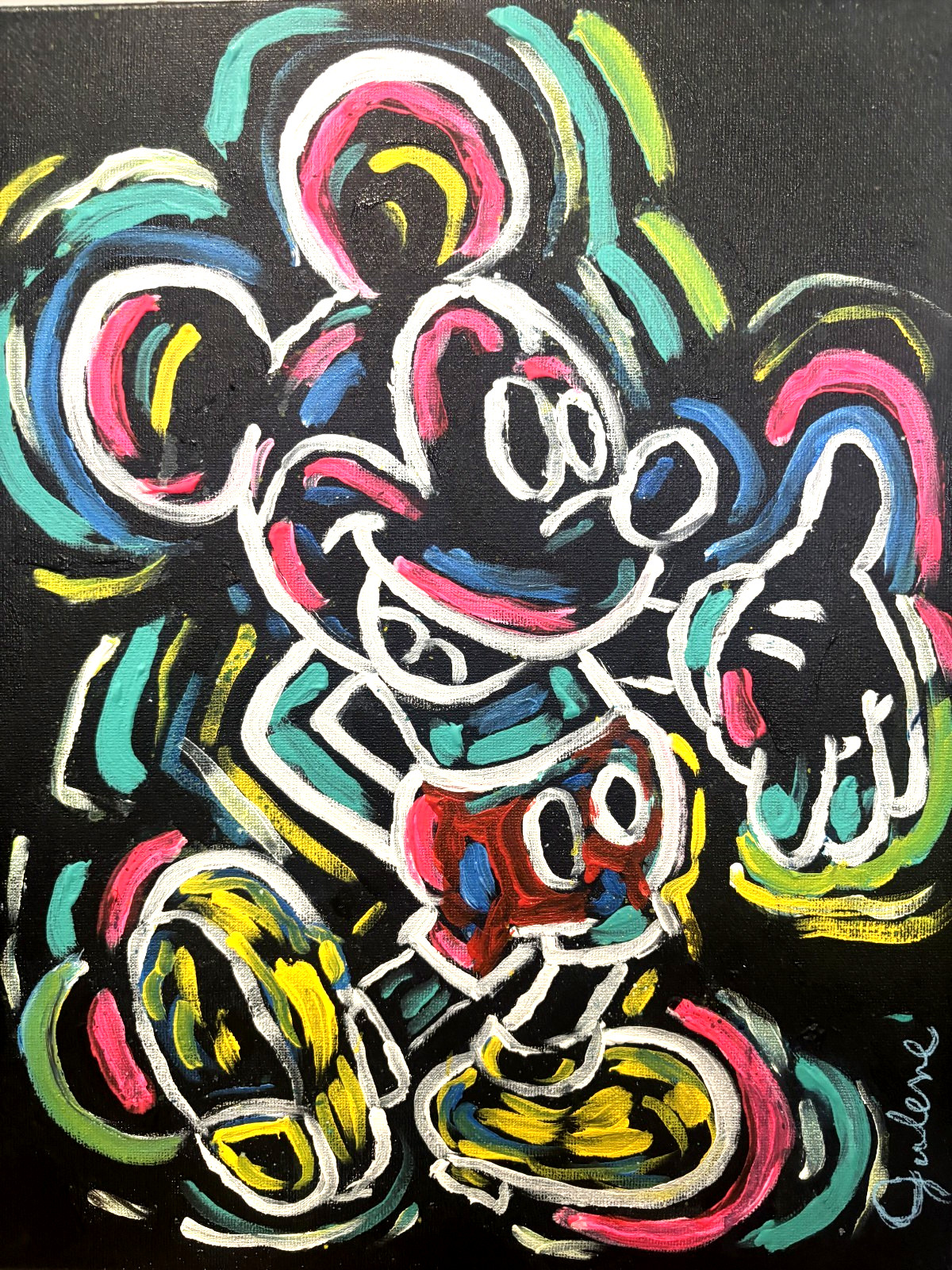 Neon Cartoon Mouse: Original Acrylic Painting, 11×14, Home Office Decor