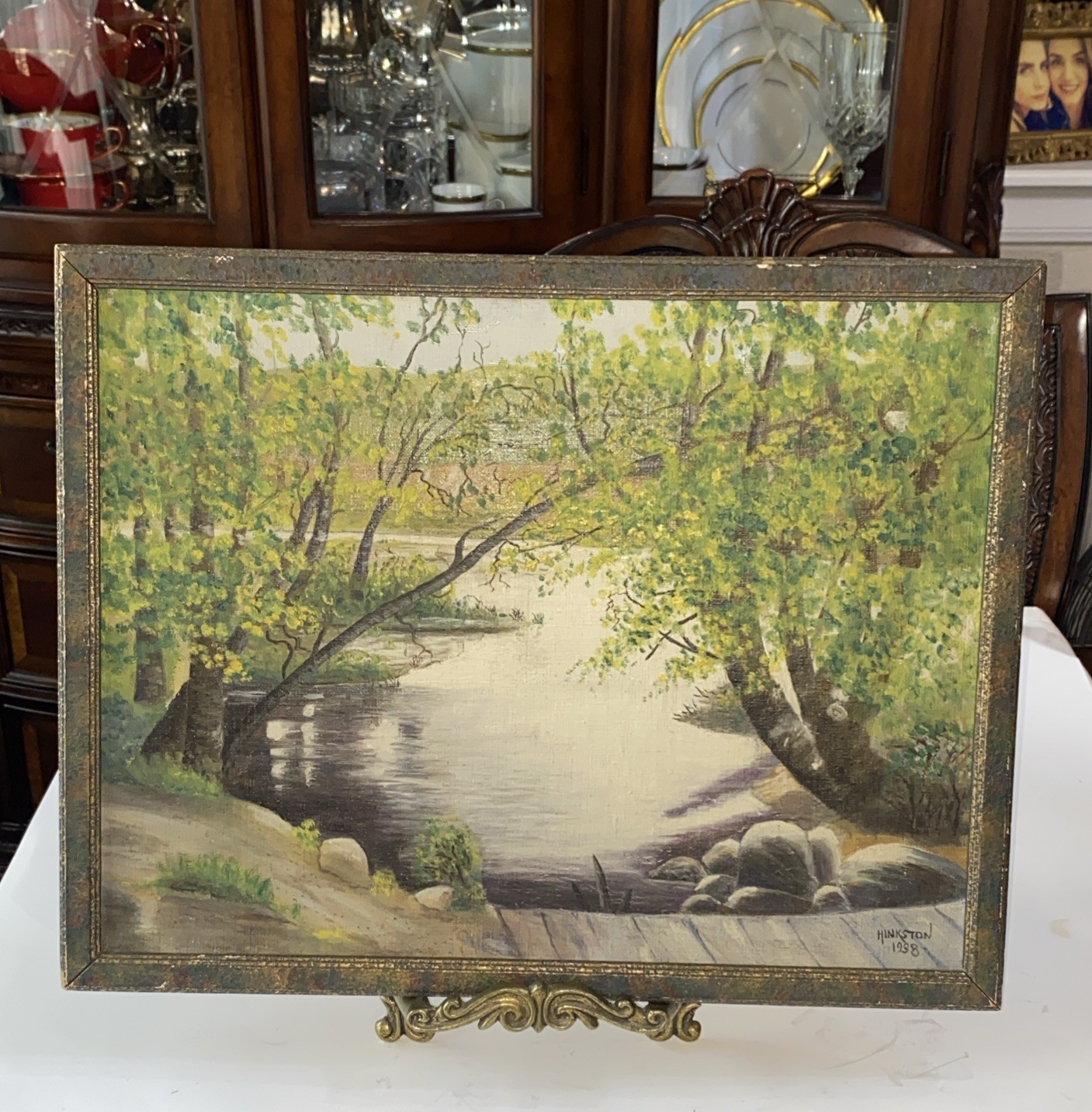 Antique Painting Oil on Wood Landscape Scene Signed Hinkston 1938 Framed 18”x14”