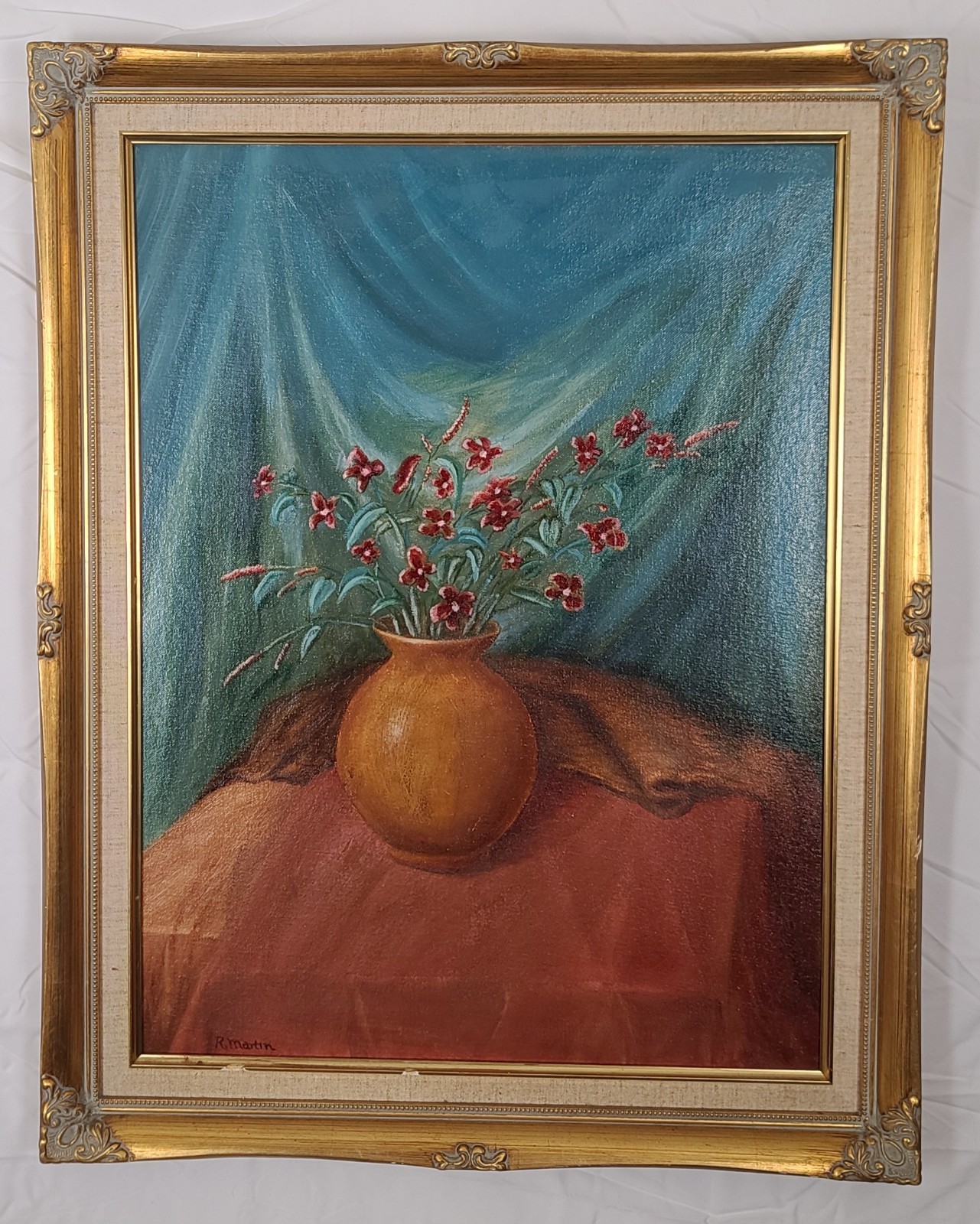 Vintage Mid-Century Oil Painting Still Life Flowers by R. Martin Floral MCM Art