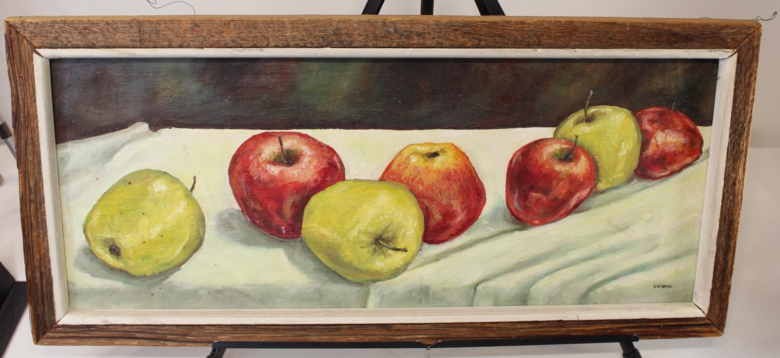 Original Folk Art Painting APPLES Green Red Apples Signed CAIVANO Framed Country