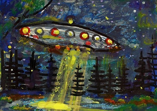 Original ACEO Painting UFO Alien Spaceship Stars Night TREES Universe ATC ART
