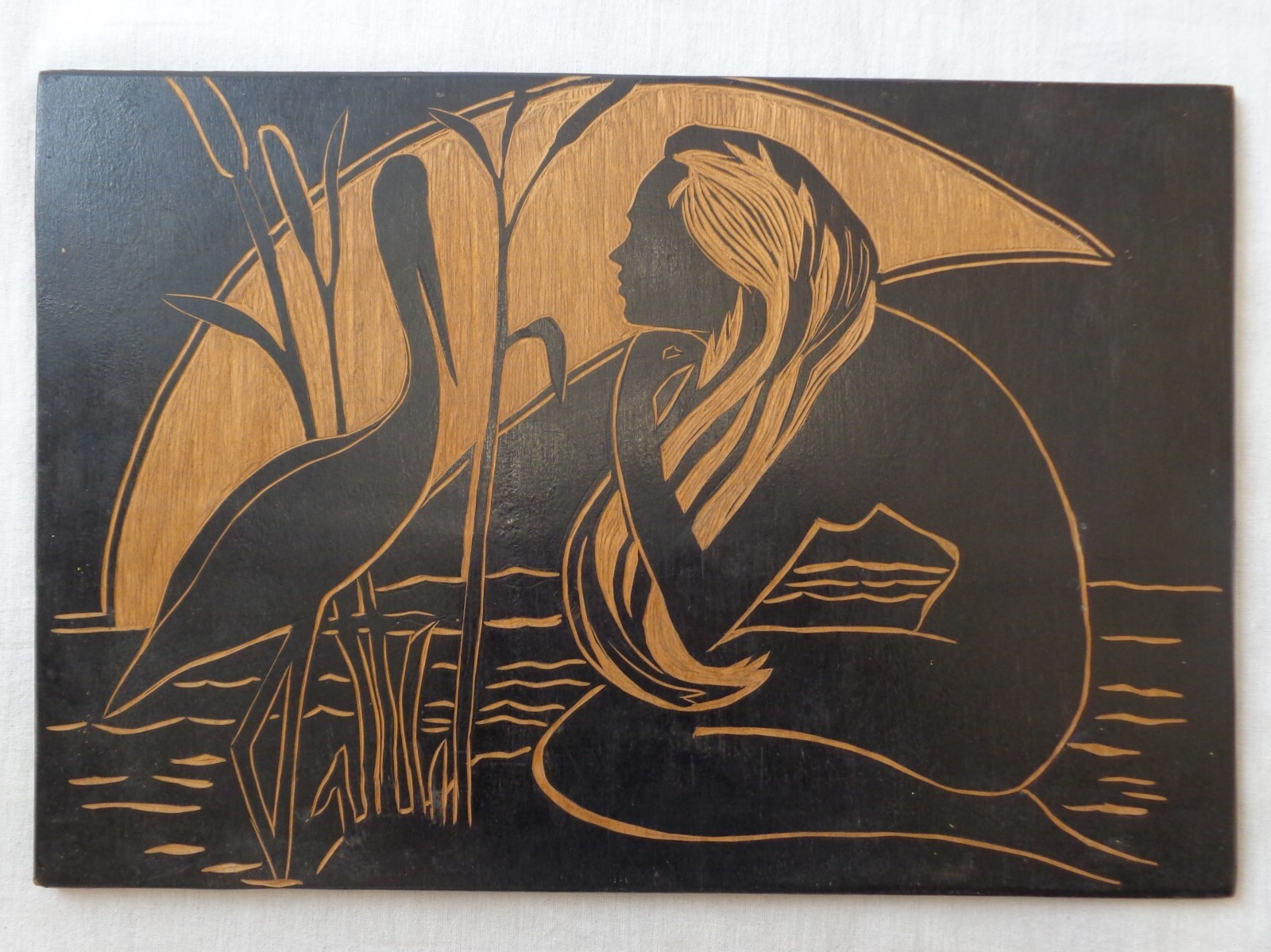 Lady Stork Vtg Carved Wood Picture Love Baby Woman Girl Bird Crane Swan Painting